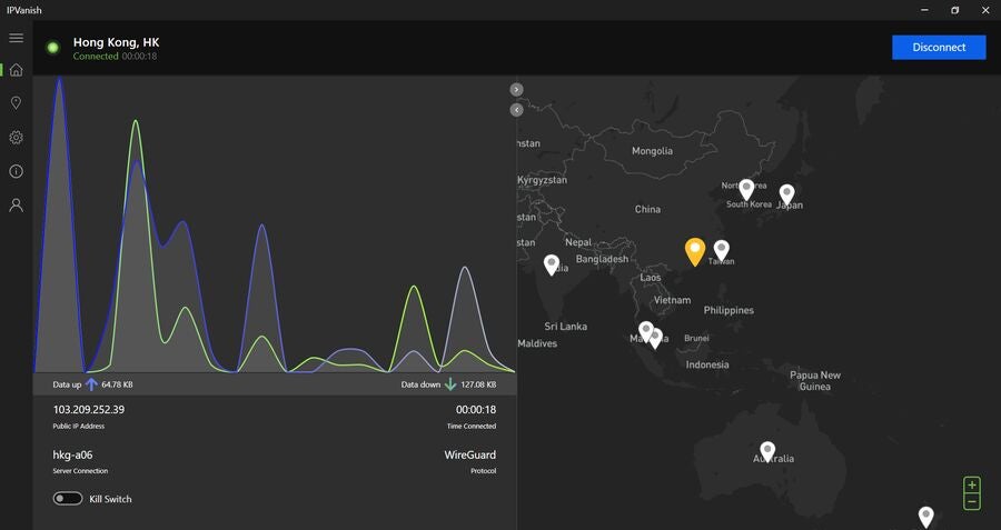 IPVanish’s server options within the app. 