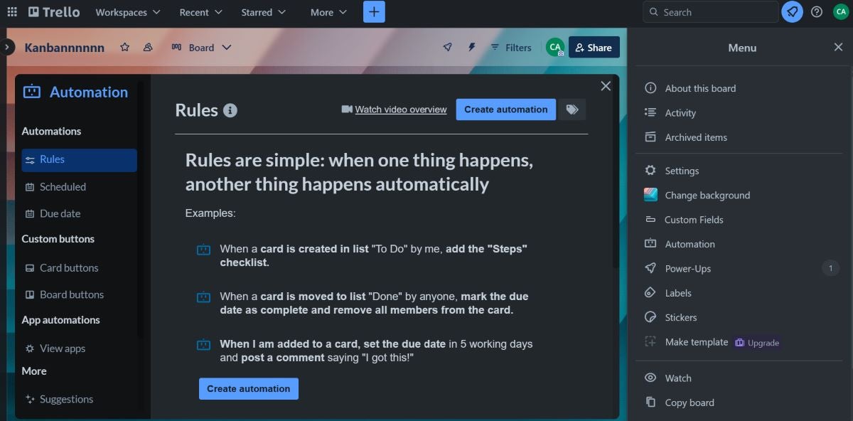 Setting up automations in Trello.
