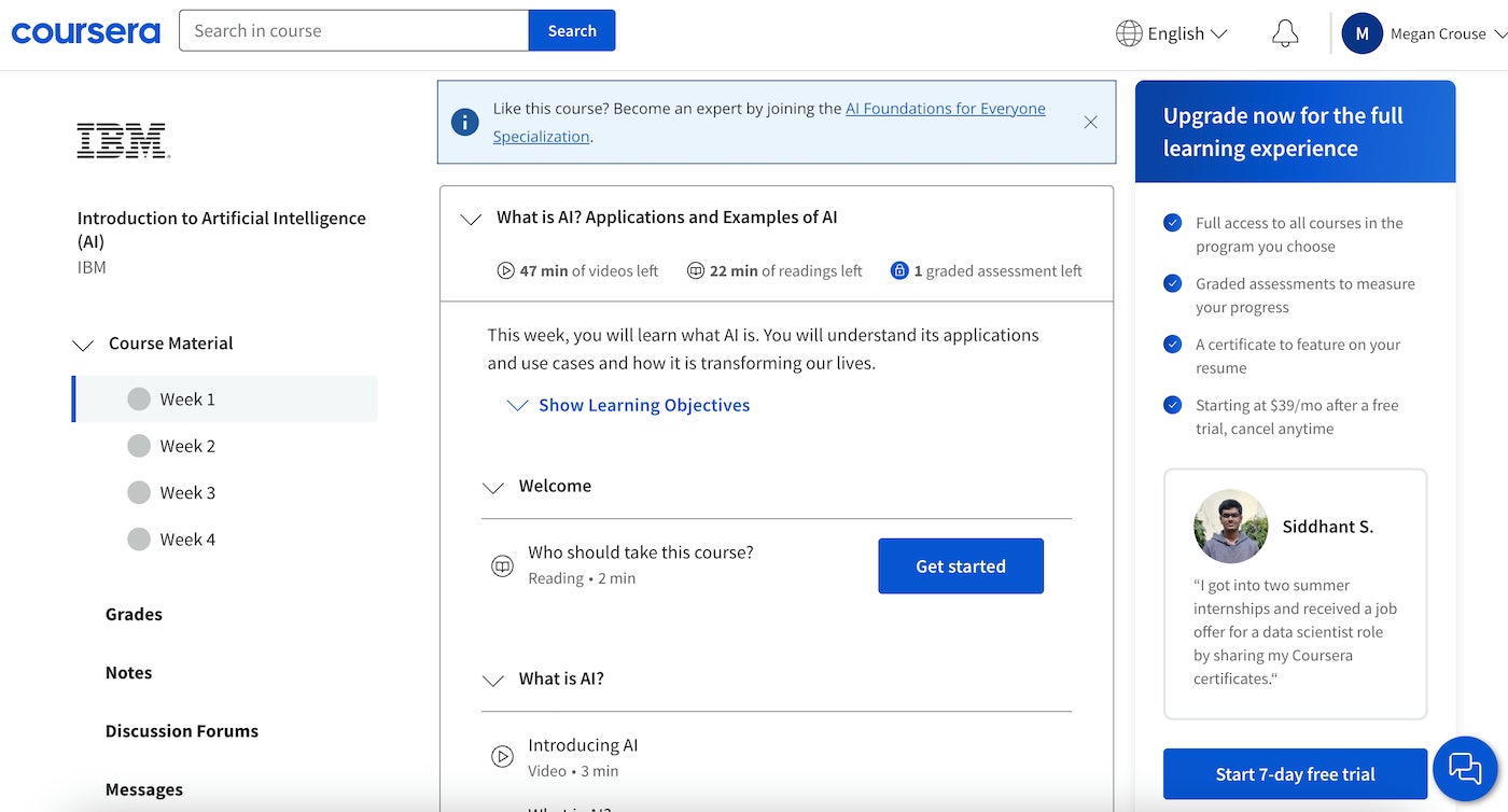 The dashboard for IBM’s Introduction to Artificial Intelligence course.