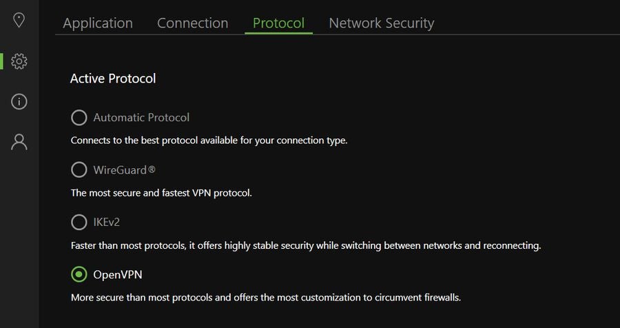 IPVanish’s selection of VPN protocols. 