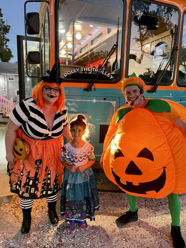 The BooMobile’s WitchyPOO and her Pumpkin with a delighted guest
