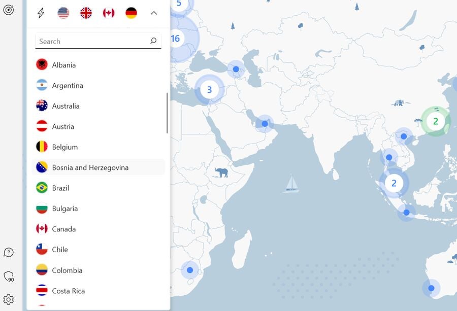 NordVPN’s server list and server map.