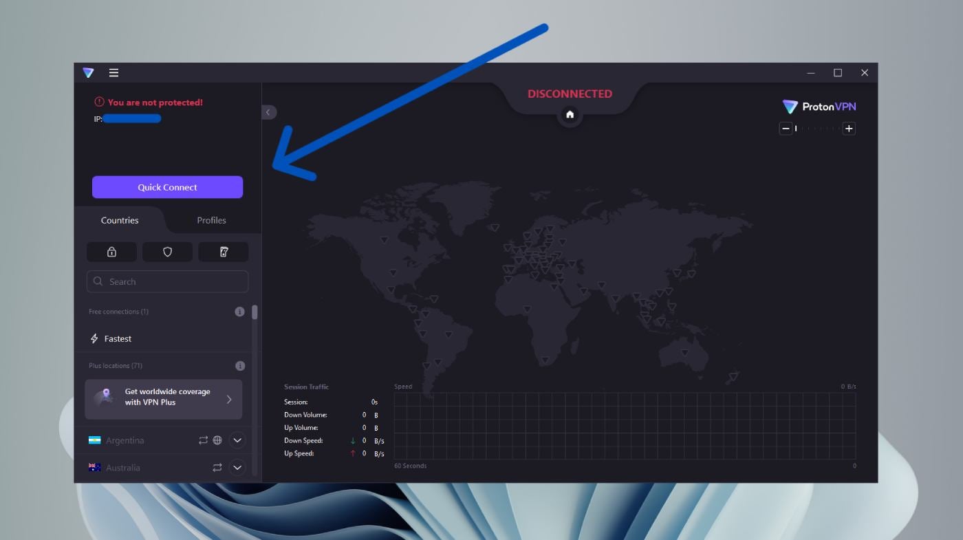 Proton VPN Free’s Quick Connect button.