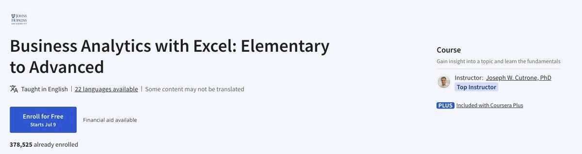 “Business Analytics with Excel” was created by Johns Hopkins University academics. Image: Coursera/Screenshot by TechRepublic