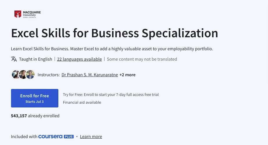 “Excel Skills for Business” was created by Macquarie University academics. 