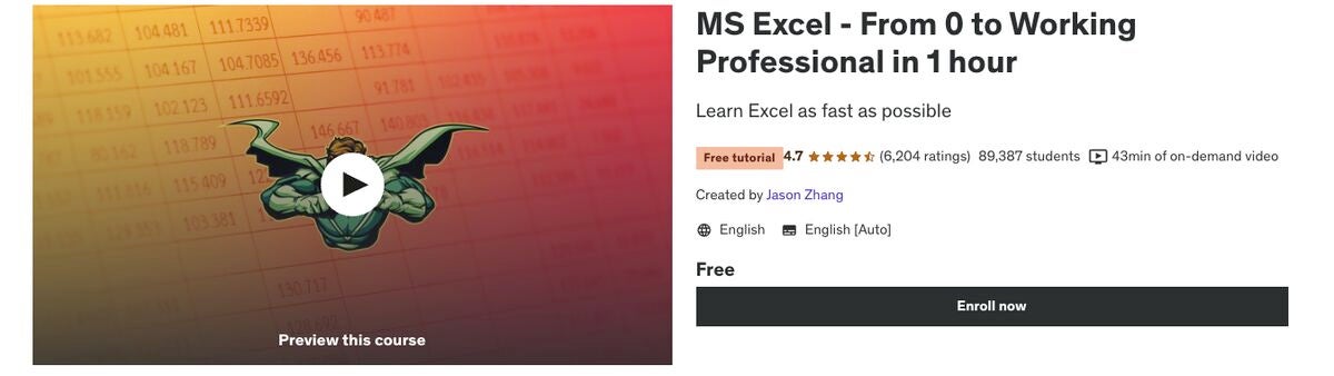 This course is great for a quick refresher on Excel skills picked up a long time ago. 