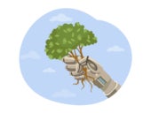 Vector illustration of a huge robotic hand breaking tree.