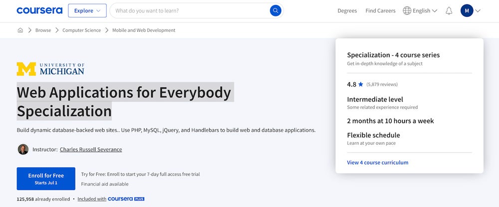Web Applications for Everybody Specialization course screenshot.