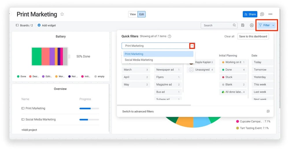 monday dashboard for a print marketing project.