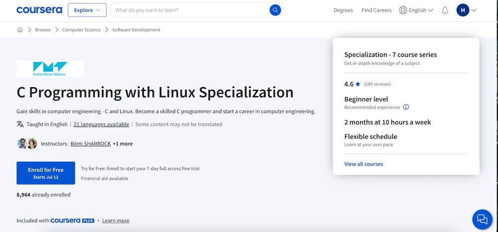 C Programming with Linux Specialization course screenshot.