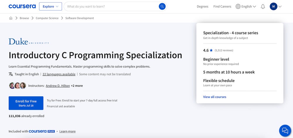 Introductory C Programming Specialization course screenshot.