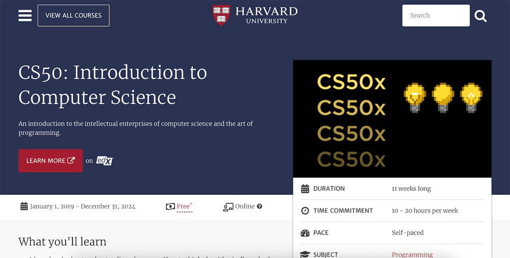 Harvard's CS50 course screenshot.