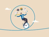 Flat vector illustration of a project manager balancing on a time unicycle and juggling various tasks.