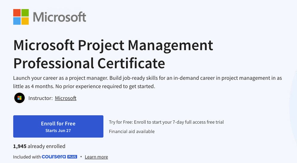 Microsoft Project Management Professional Certificate course screenshot.