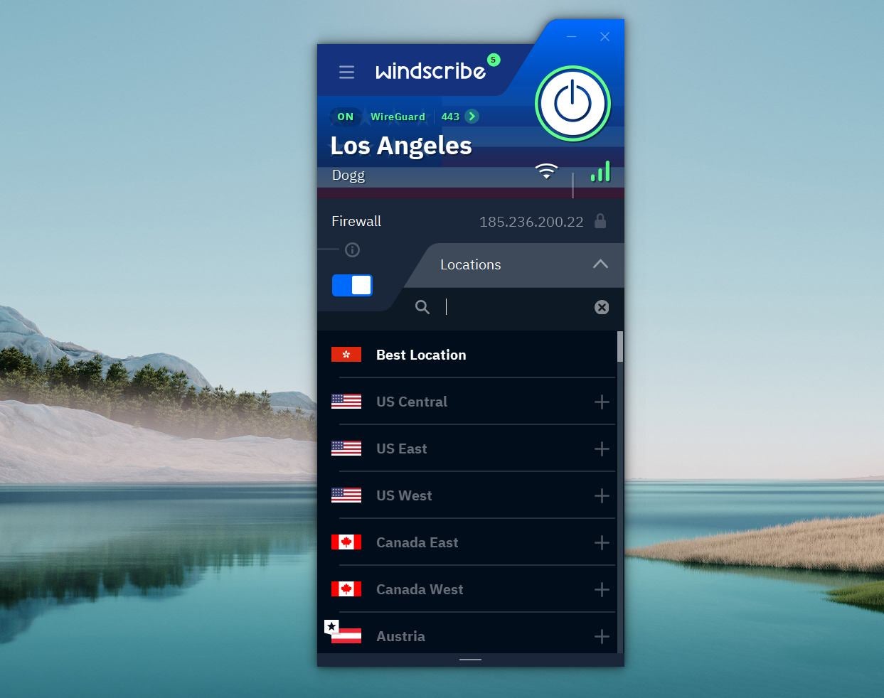 Windscribe’s main desktop interface.