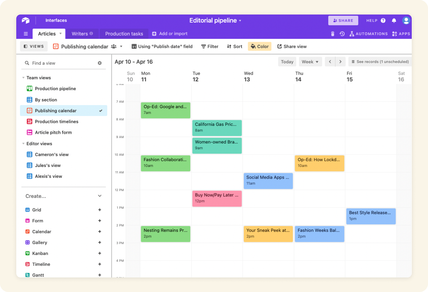 Airtable calendar view.