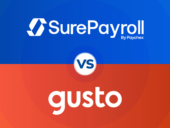 Surepayroll by Paychex vs Gusto on a blue and red background.