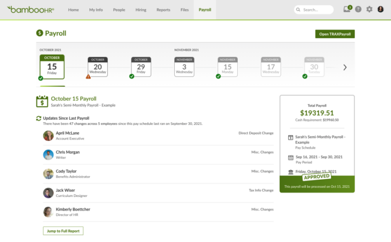 The BambooHR payroll dashboard.