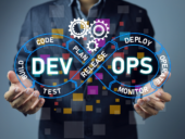 Professional holding up a virtual DevOps symbol.